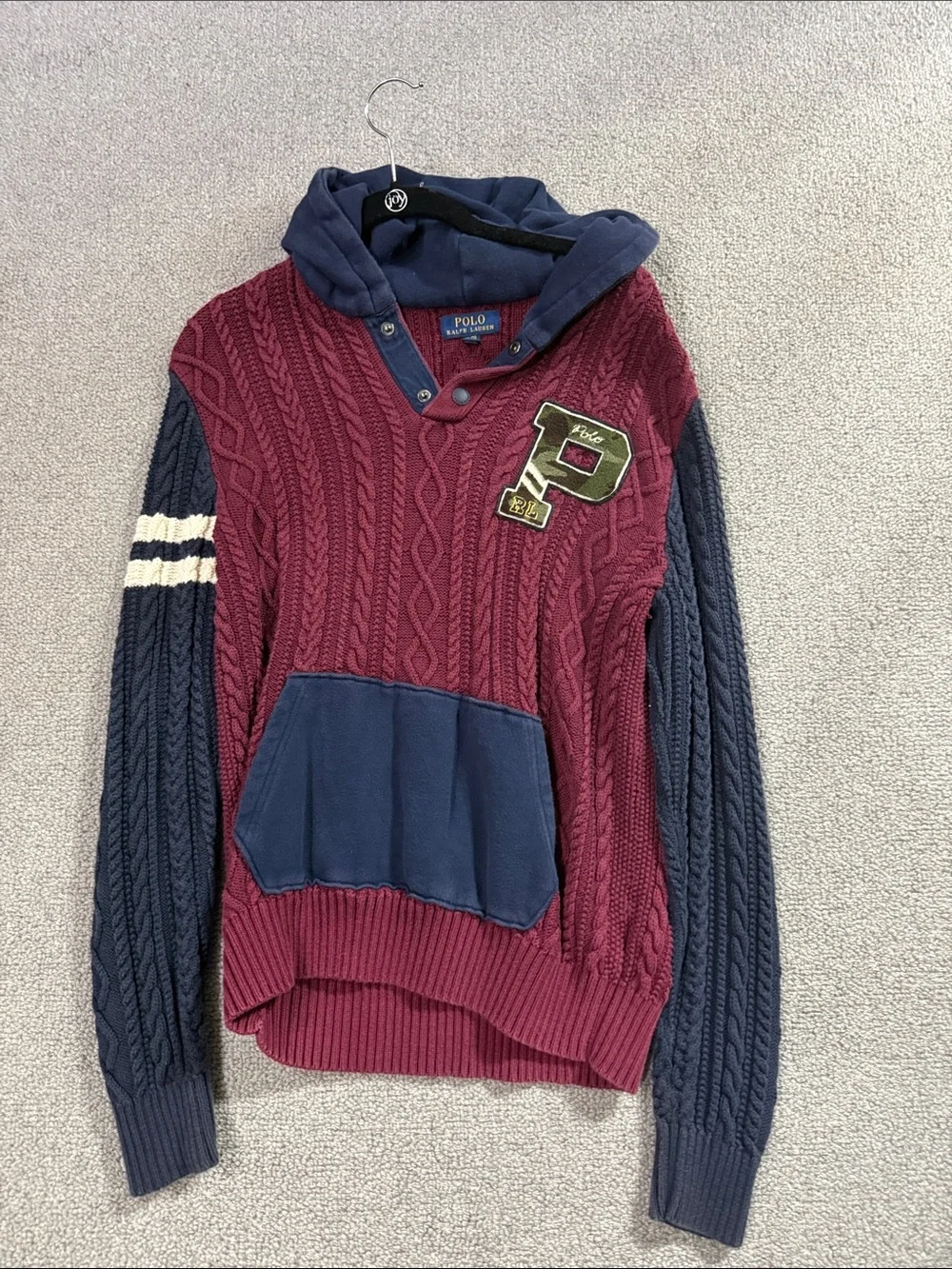 Polo by Ralph Lauren Burgundy Cable-Knit Crewneck Sweater with Navy Accents